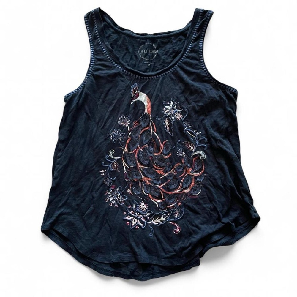 Lucky Brand Navy Embroidered Peacock Rare Tank Top